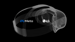 Rendering of a virtual reality headset by Lucid Reality Labs featuring the logos of Meta and LG, symbolizing their reported collaboration on a new high-end mixed reality headset.