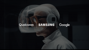 Illustration by Lucid Reality Labs with the logos of Samsung, Google, and Qualcomm on it. 