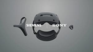  The image shows a virtual reality headset with the logos of Sony and Siemens on it. The headset is black and gray, and it has two lenses on the front. There is a headband on the top of the headset, and there are two controllers on either side of the headset. The controllers are black and gray, and they have buttons and joysticks on them.